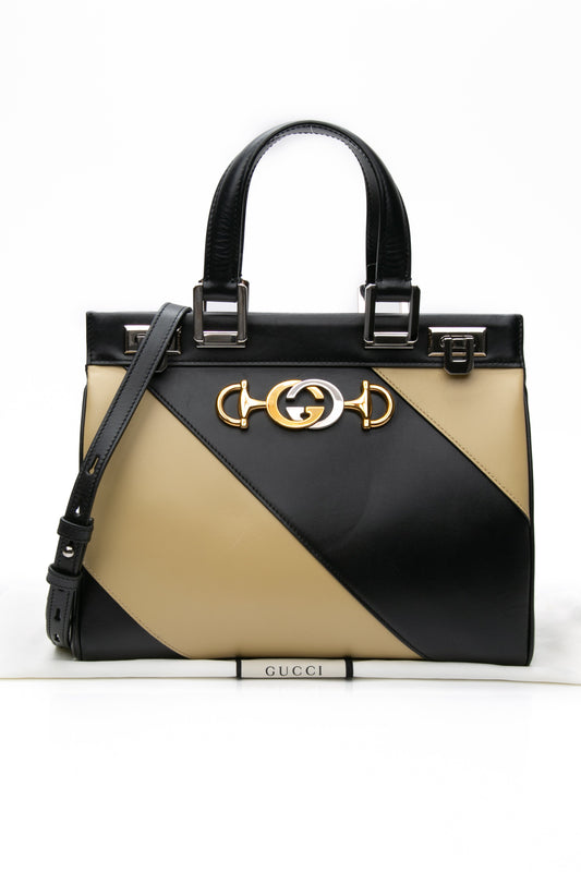 GUCCI Black and Beige Calfskin Small Zumi Top Handle Bag