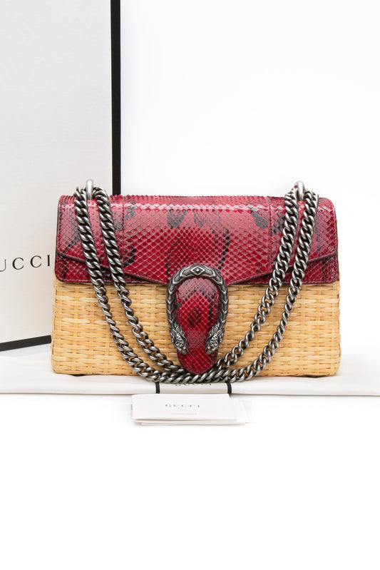 GUCCI Dionysus Red Snakeskin & Wicker Anaconda Rattan Medium Shoulder Bag