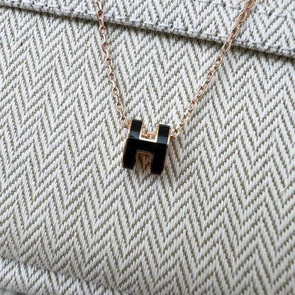 Hermes Mini Pop H Pendant Necklace in Noir Black Enamel and RGHW