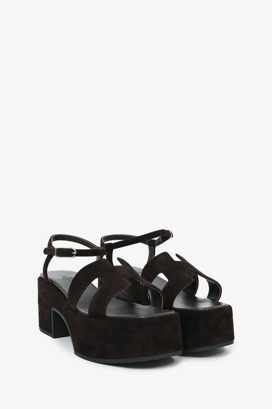 Hermes Chocolate Brown Suede Platform 'Jam 30' Sandals Size 37.5