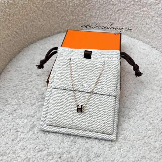 Hermes Mini Pop H Pendant Necklace in Noir Black Enamel and RGHW