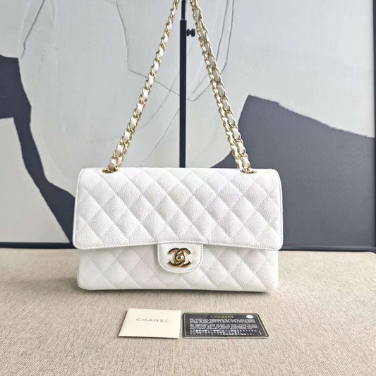 Chanel Classic Double Flap Bag White Caviar With Gold-toned Hardware B20-01