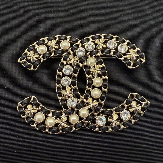 Chanel Coco Gold Black Pearl Crystal Brooch