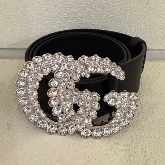 Gucci GG Rhinestone Black Leather Belt 85/34