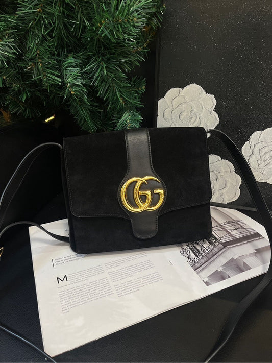 Gucci Arli Black Gold Suede Leather Medium Crossbody Bag
