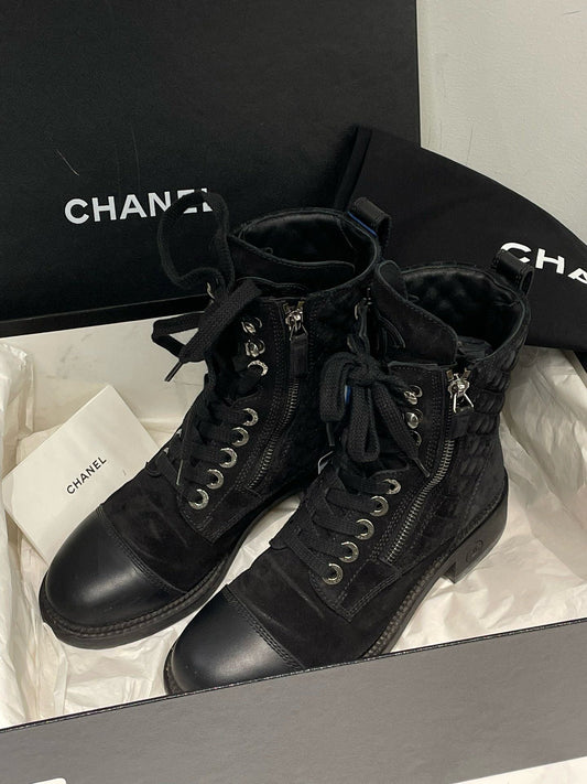 Chanel Black Suede Leather Lace Up Ankle Boots Size 36