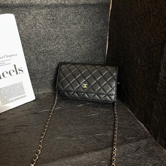 Chanel Black Gold WOC Crossbody Bag Quilted Leather Chain Strap
