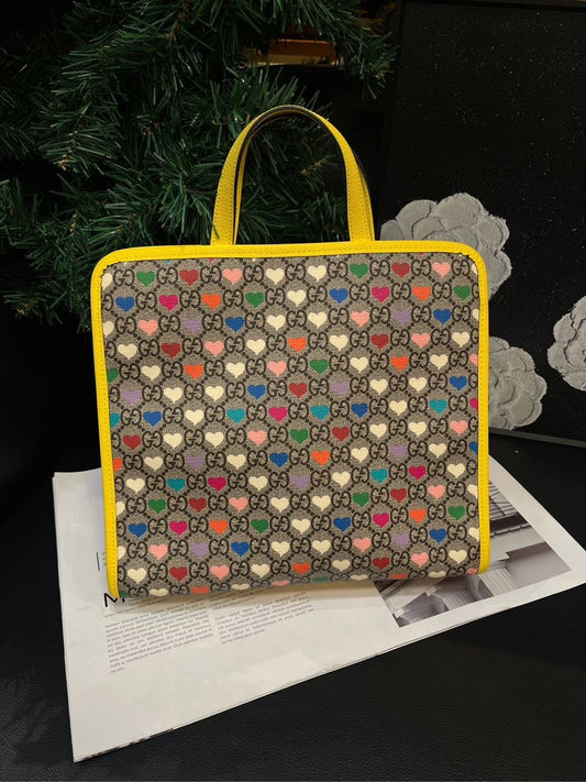 Gucci Heart Print Colorful Love Children's Tote Bag Yellow Trim