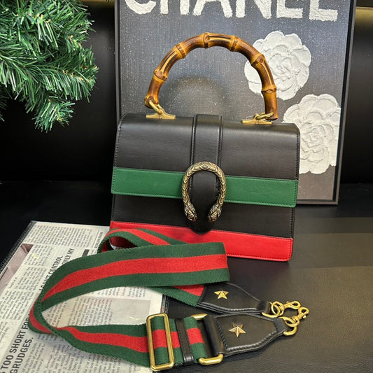 Gucci Bamboo Handle Black Green Red Leather Bag