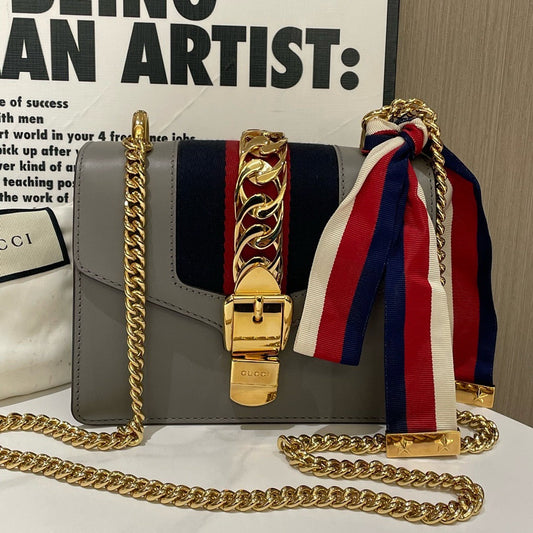 Gucci Sylvie Small Grey Leather Shoulder Bag