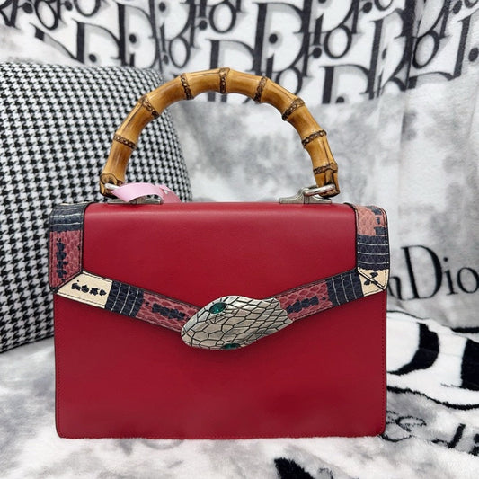 Gucci Red Bamboo Top Handle Snake Accent Handbag