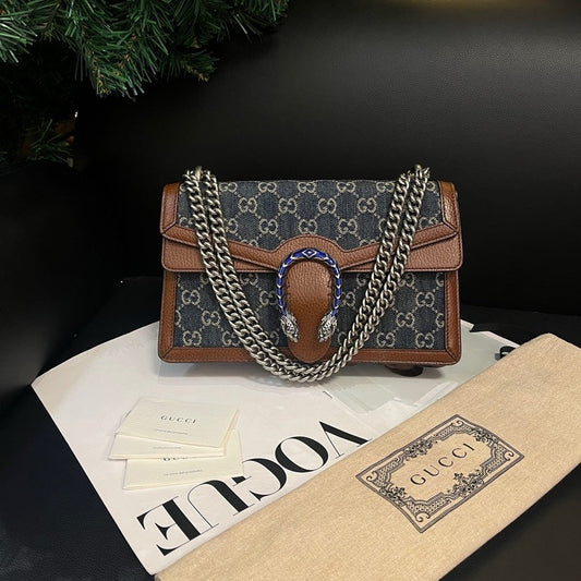 Gucci Denim Brown Leather Dionysus Shoulder Bag Medium